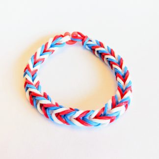 A red, white, and blue rainbow loom bracelet for sale.