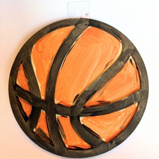 An orange and black wooden painted basketball.